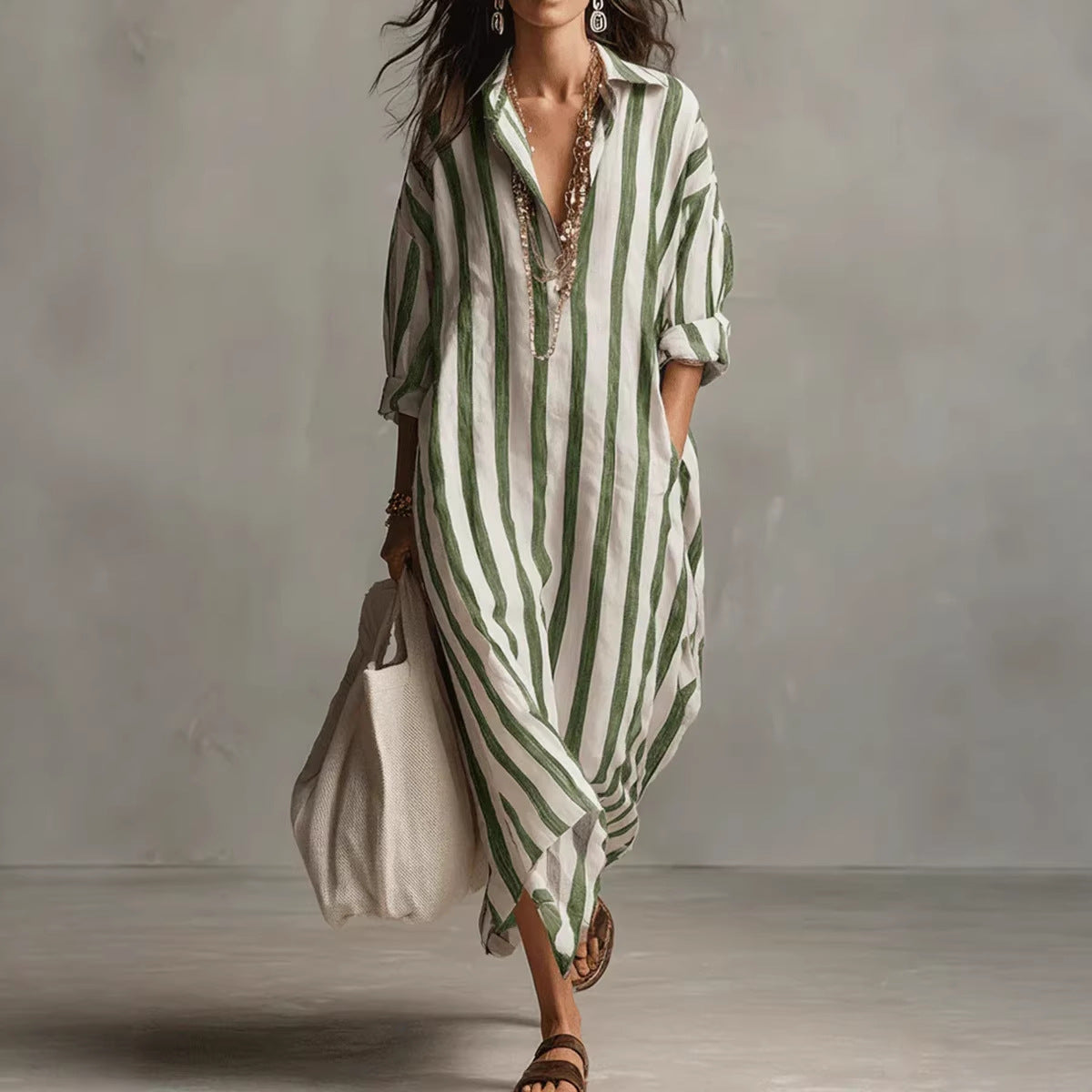 Women's Striped Split-Collar Long Shirt Dress (photo 2)