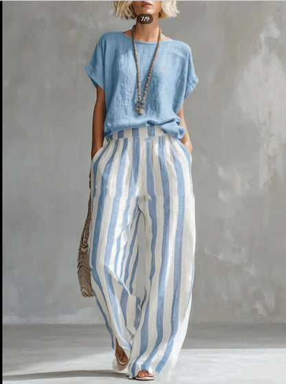 Women's Short-Sleeve T-Shirt and Striped Wide Pants Set (photo 8)