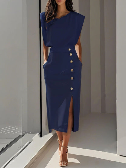 Women's Sleeveless Button-Front Midi Dress with Slit (photo 7)