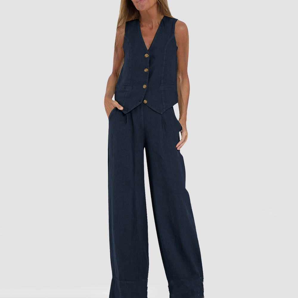 Women's Sleeveless V-Neck Vest and Straight Pants Set (photo 8)
