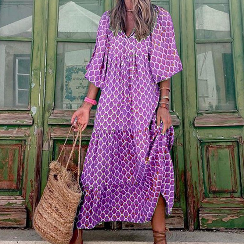 Women's Boho Print V-Neck Short-Sleeve Long Dress (photo 5)