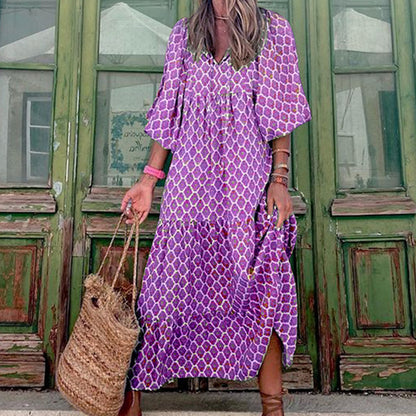Women's Boho Print V-Neck Short-Sleeve Long Dress (photo 5)