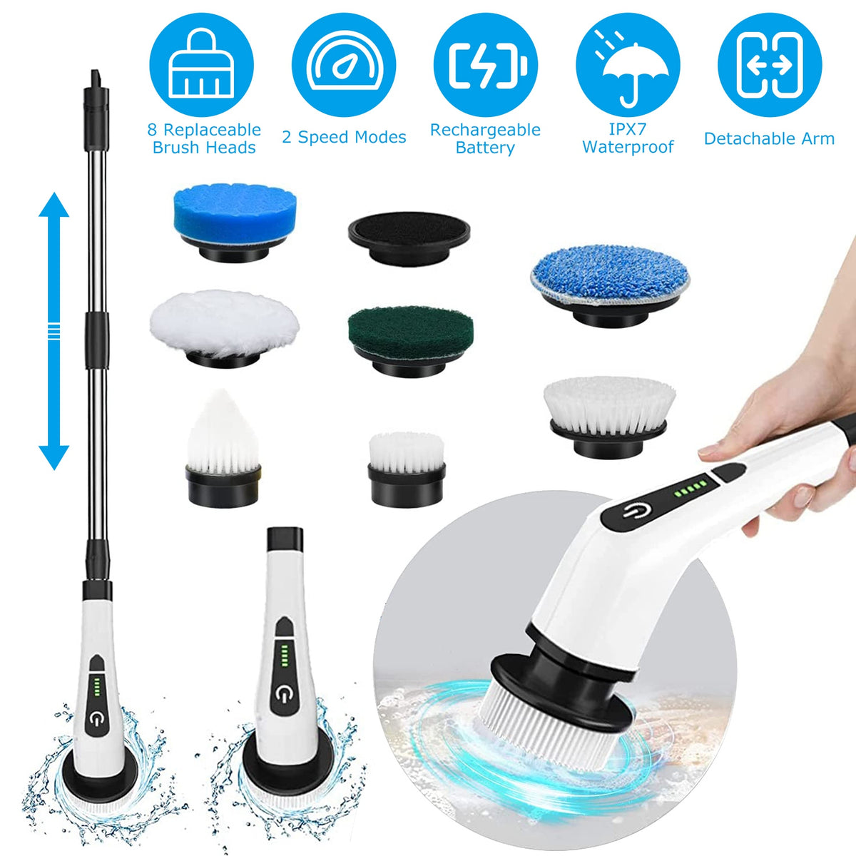 Cordless Electric Spin Scrubber with 8 Brush Heads and Extension Arm