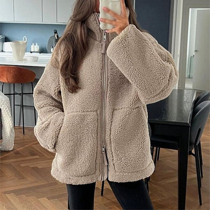 Women's Lapel Zip-Up Fleece Coat with Pockets (photo 2)