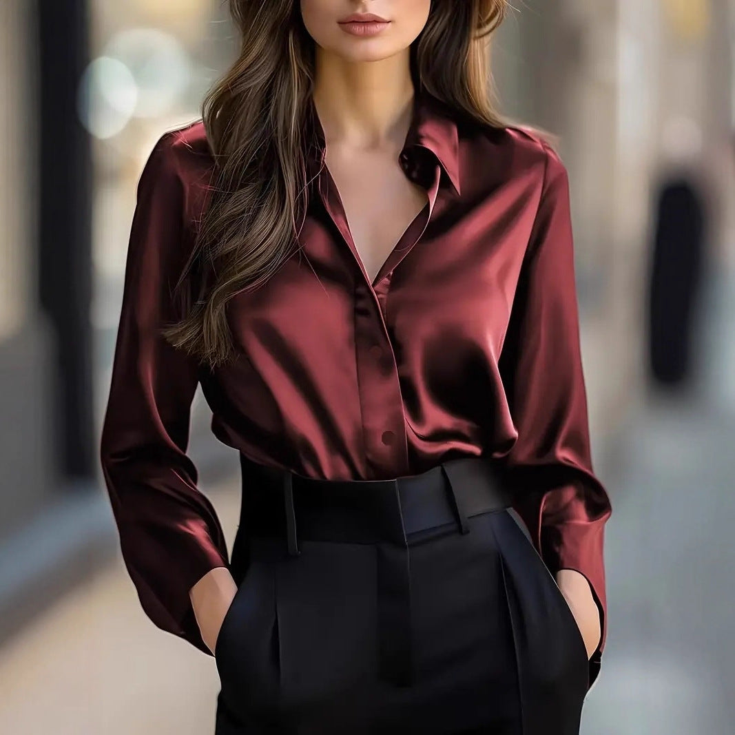 Women's Satin Button-Up Long-Sleeve Blouse (photo 3)