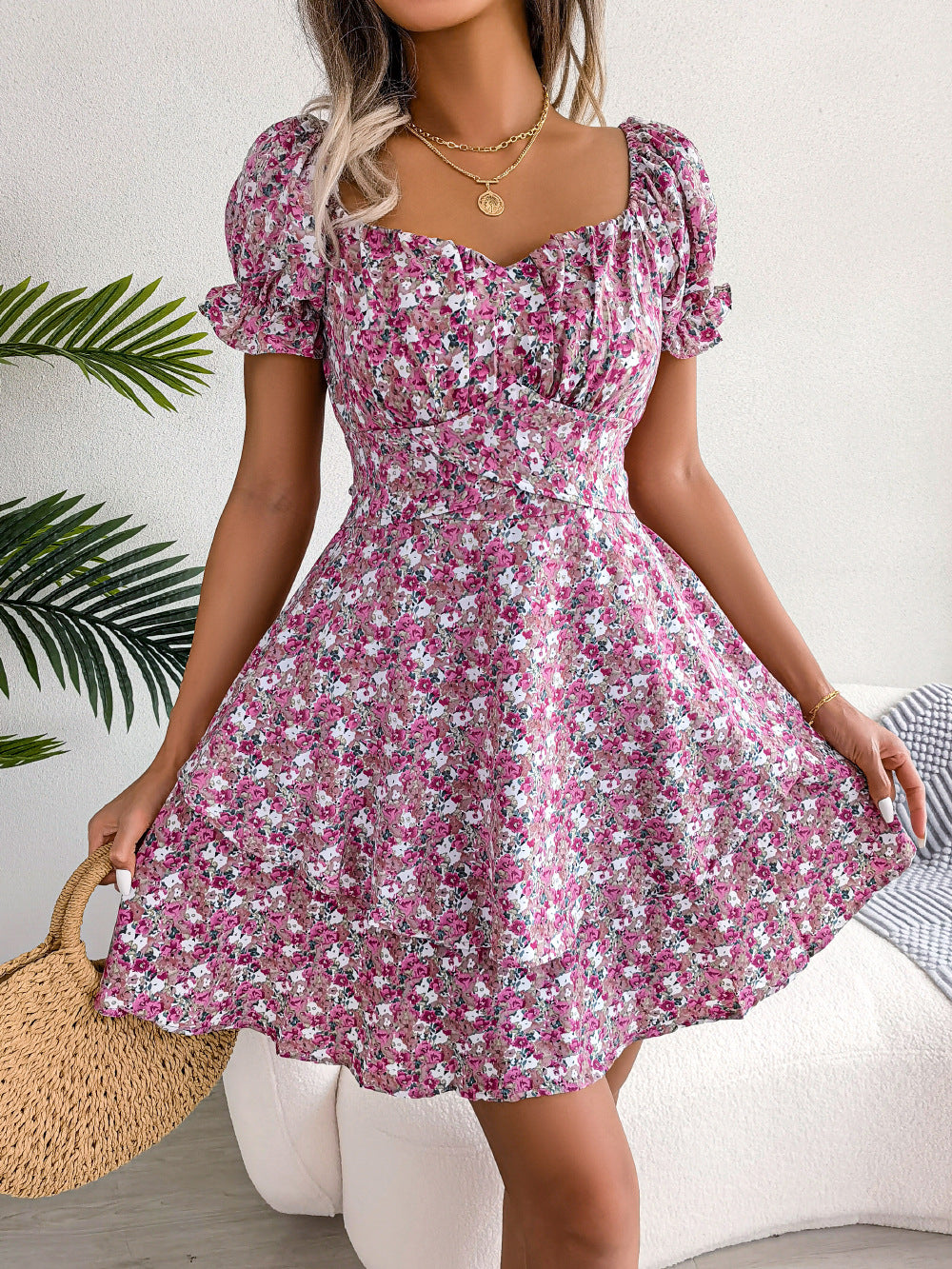 Women's Floral Short-Sleeve Ruffle Mini Dress (photo 23)