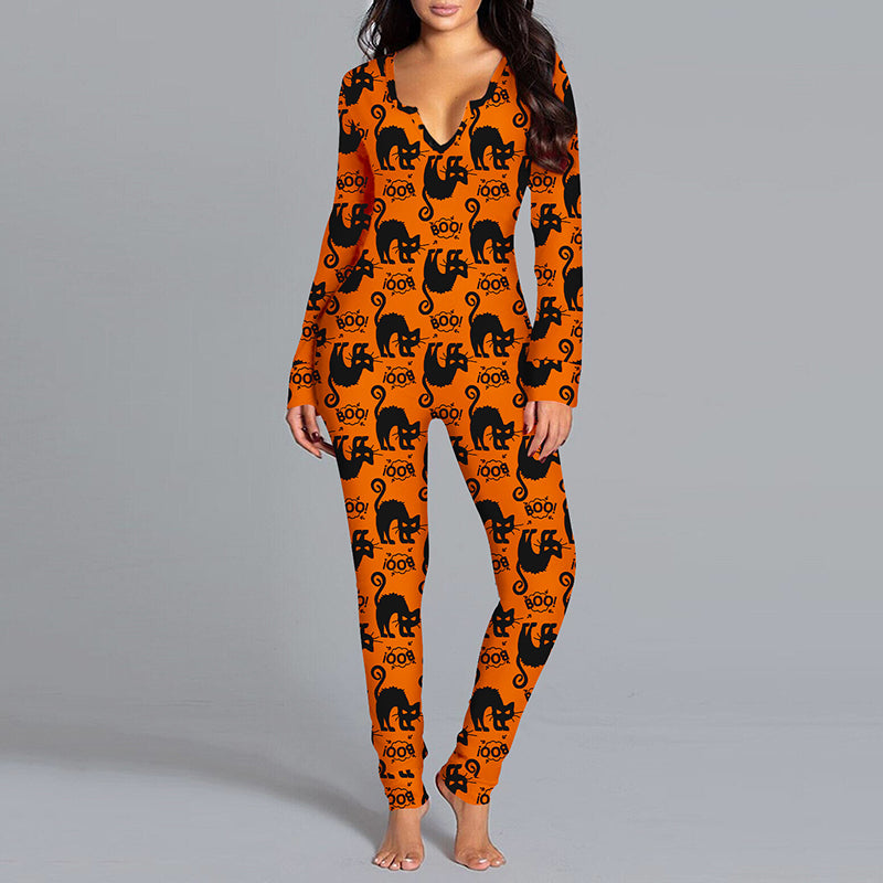 Women's Halloween Print Long-Sleeve Jumpsuit Pajamas (photo 13)