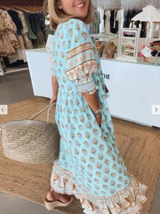 Women's Boho Print Lantern-Sleeve Ruffle Maxi Dress (photo 2)