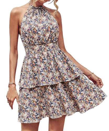 Women's Printed Halter Backless Ruffle Dress (photo 12)