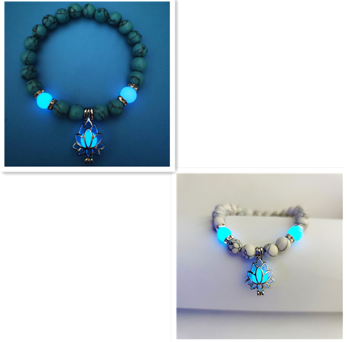 Glow-in-the-Dark Lotus Charm Beaded Bracelet – Set