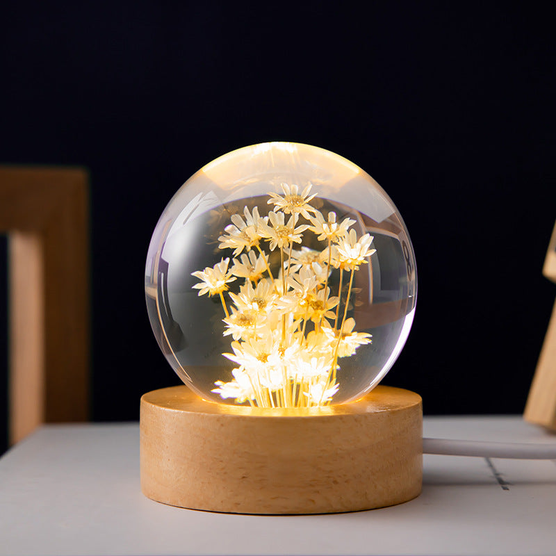 Dandelion or Daisy Ball Night Light with Beech Wood Base, USB – Yellow Daisies