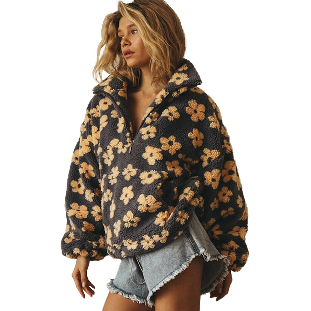 Women's Floral Fleece Zip Lapel Pullover with Big Pocket (photo 13)
