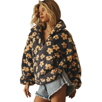 Women's Floral Fleece Zip Lapel Pullover with Big Pocket (photo 13)
