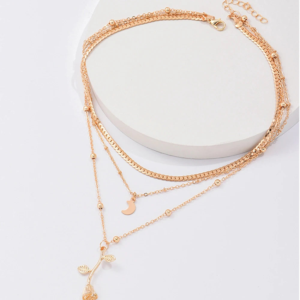 Boho Layered Moon and Rose Choker Necklace (photo 9)