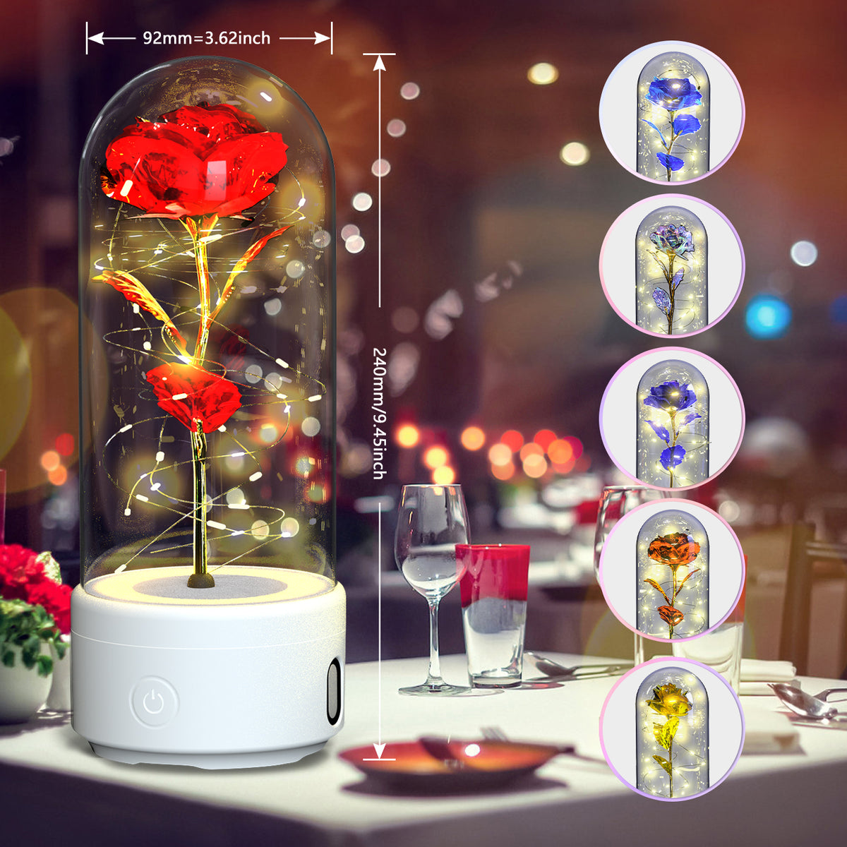 Preserved Rose LED Light and Bluetooth Speaker in Glass Dome (photo 6)