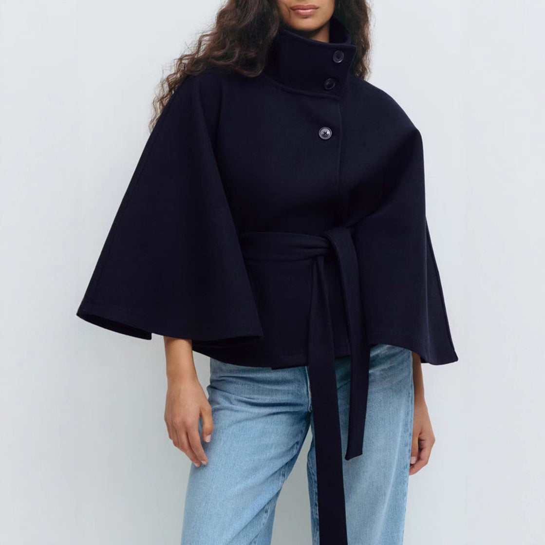 Women's High-Neck Batwing-Sleeve Belted Coat (photo 2)