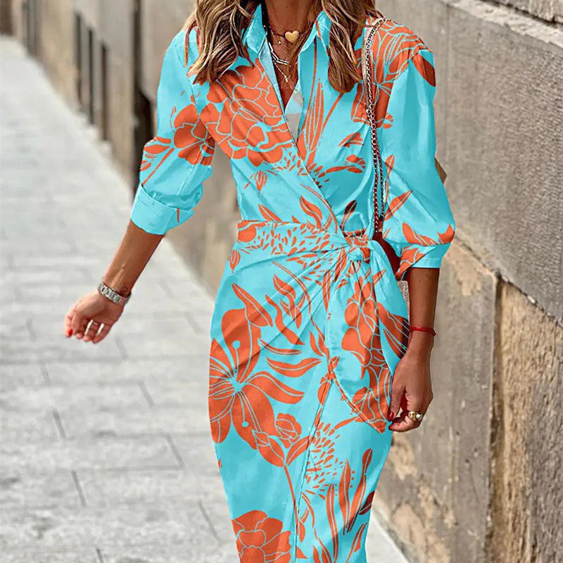 Women's Printed Lapel Shirt Dress with Belt (photo 8)