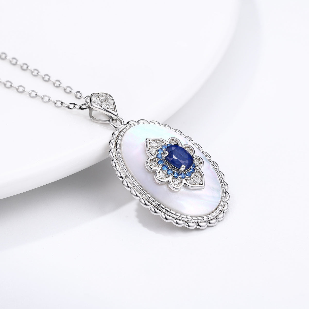 Oval Blue Stone Pendant Necklace, 925 Sterling Silver (photo 2)
