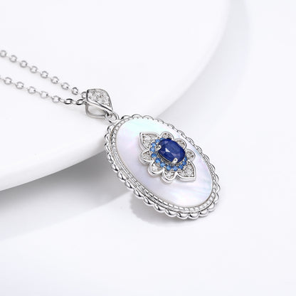 Oval Blue Stone Pendant Necklace, 925 Sterling Silver (photo 2)
