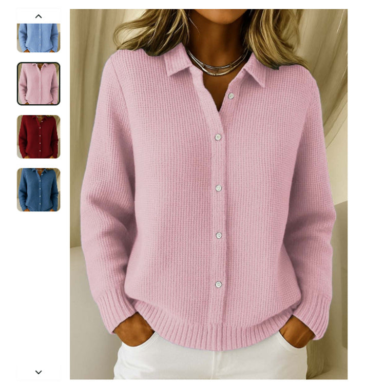 Women's Lapel Button Knit Cardigan Sweater (photo 4)