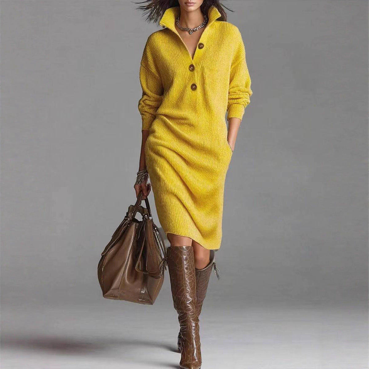Women's Stand-Collar V-Neck Sweater Dress (photo 2)
