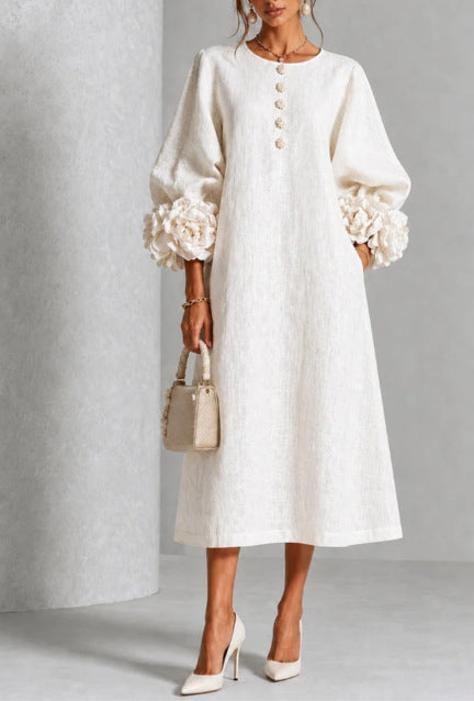Women's A-Line Midi Dress with 3D Floral Details and Puff Sleeves (photo 6)