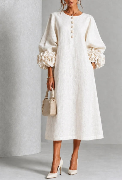Women's A-Line Midi Dress with 3D Floral Details and Puff Sleeves (photo 6)