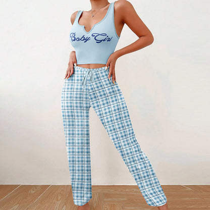 Women's Sleeveless Pajama Set with Plaid Pants (photo 8)