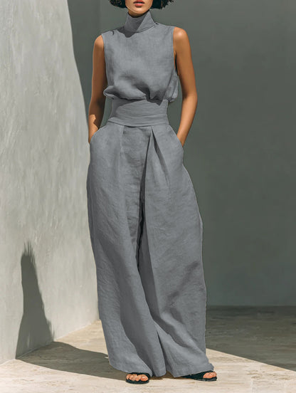 Women's Sleeveless Stand-Collar Top and Wide Pants Set (photo 16)