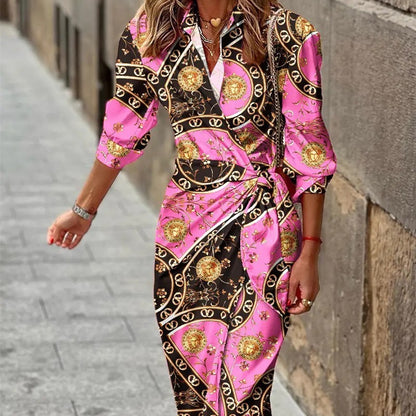 Women's Printed Lapel Shirt Dress with Belt (photo 7)