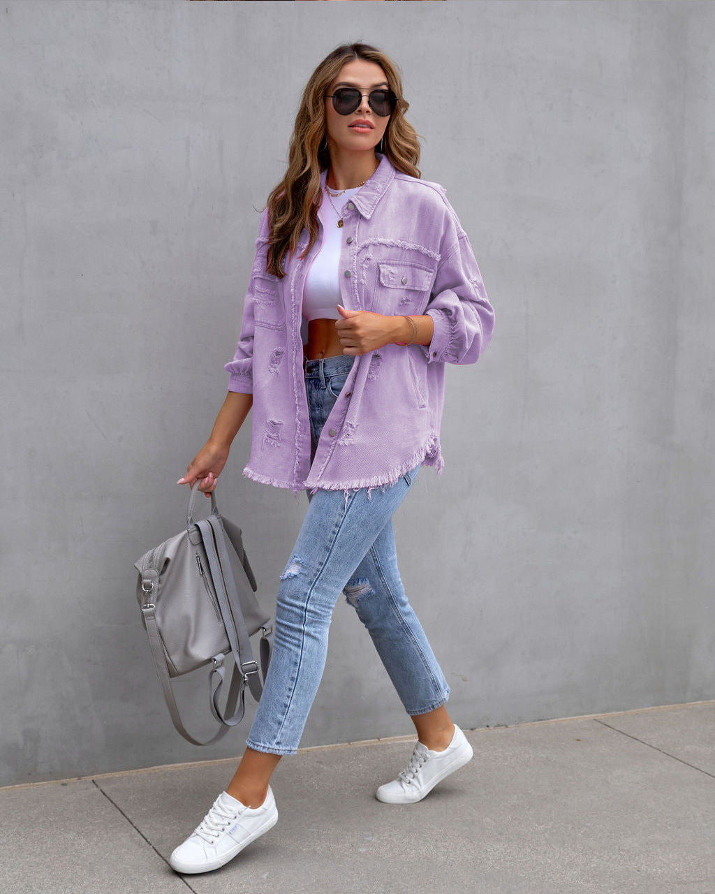 Women's Loose Distressed Shirt Jacket (photo 3)