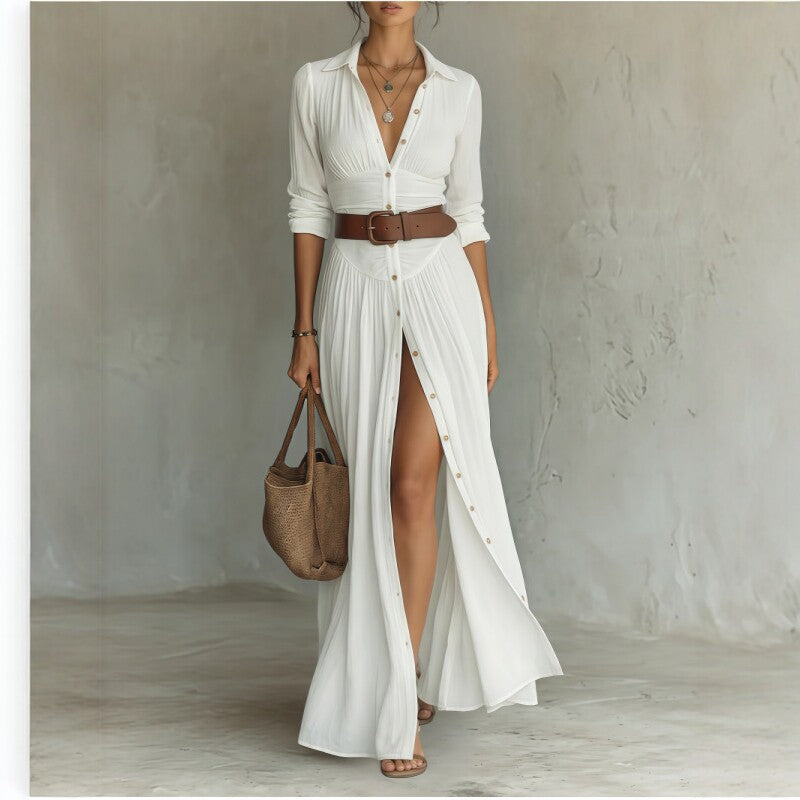 Women's V-Neck Maxi Shirt Dress with Side Slit (photo 2)