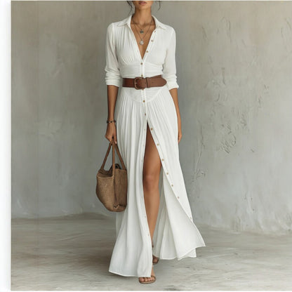 Women's V-Neck Maxi Shirt Dress with Side Slit (photo 2)