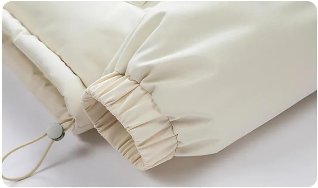 Close-up of the white parka's elastic cuff and hem drawstring