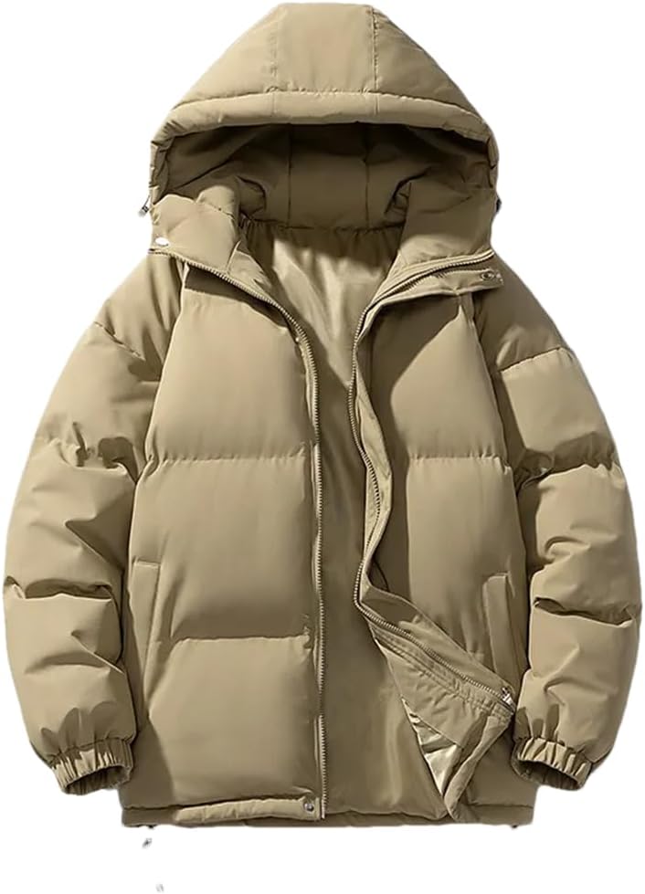 Beige hooded puffer parka, front view