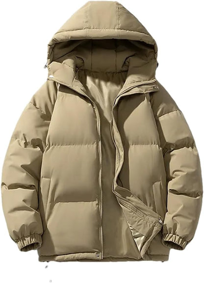 Beige hooded puffer parka, front view