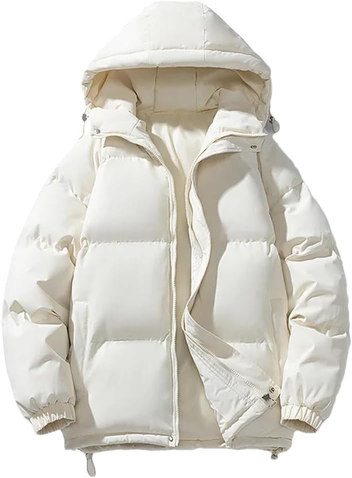White hooded puffer parka, front view