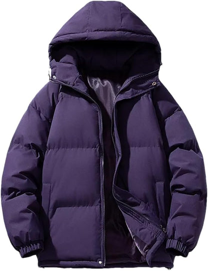 Dark purple hooded puffer parka, front view