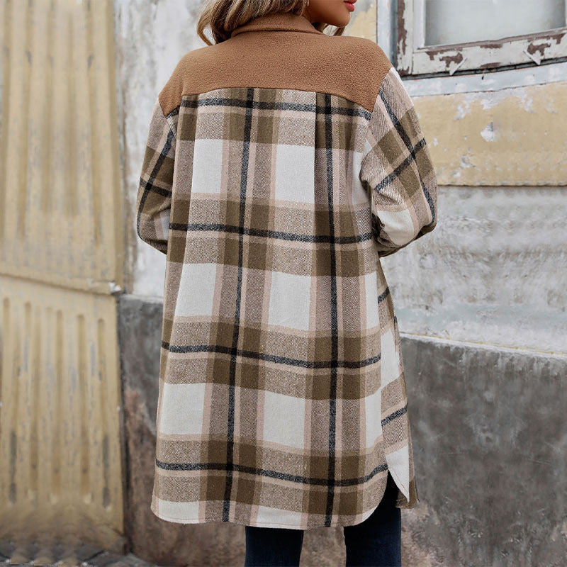 Women's Brushed Plaid Long Coat with Pockets (photo 2)