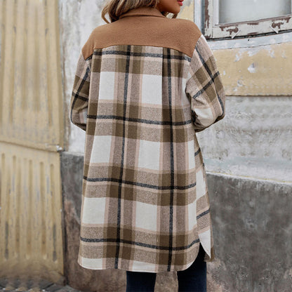 Women's Brushed Plaid Long Coat with Pockets (photo 2)