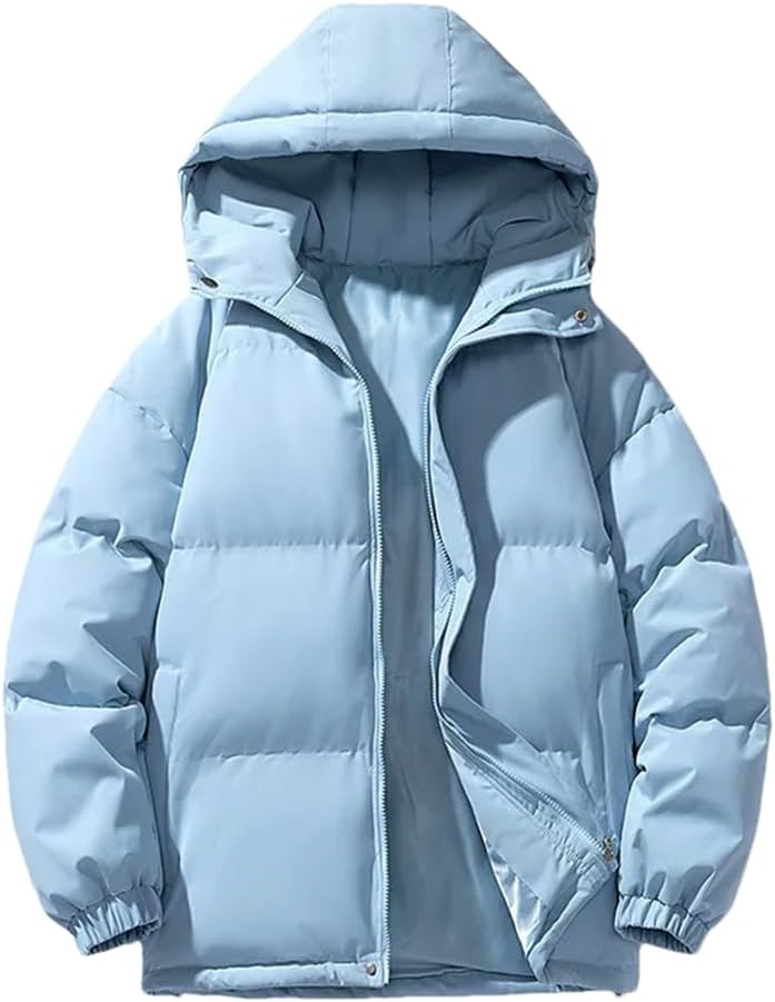 Sky blue hooded puffer parka, front view