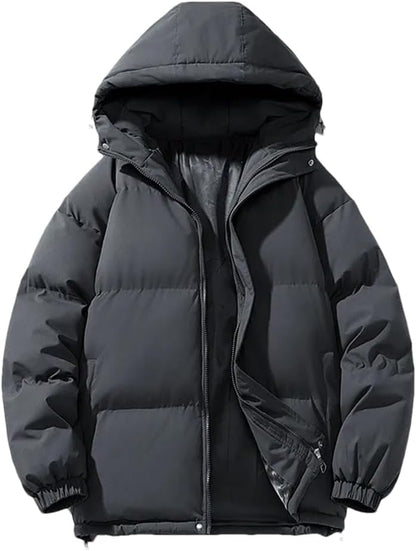 Dark gray hooded puffer parka, front view