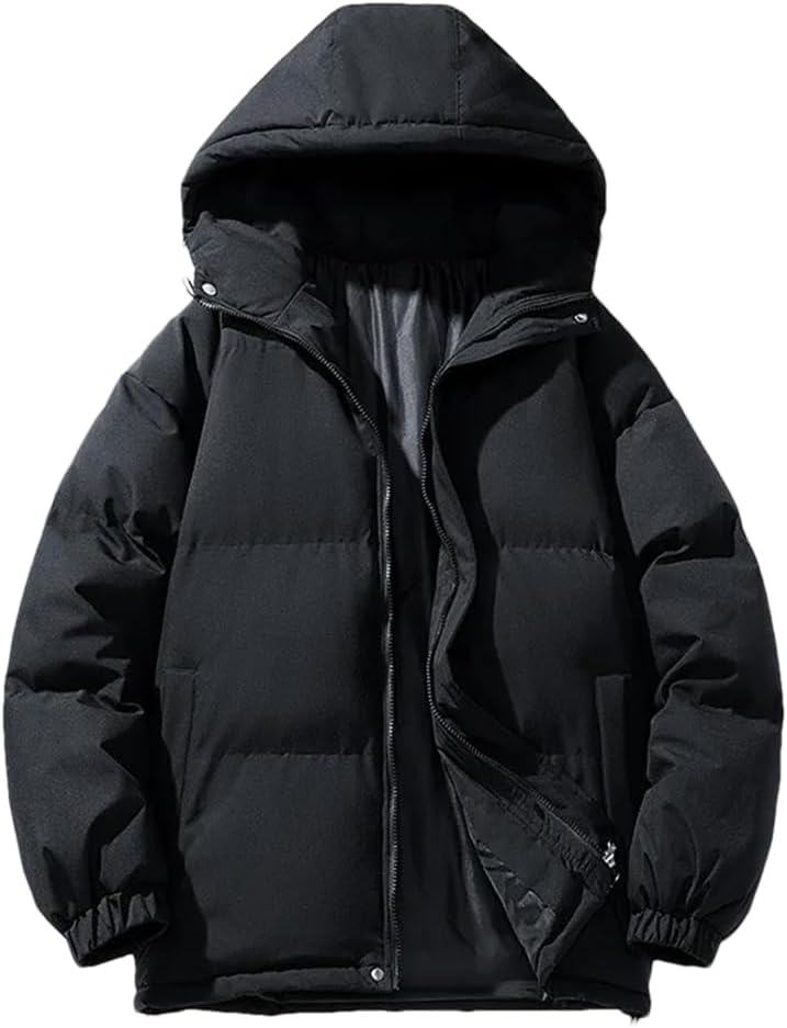 Black hooded puffer parka, front view