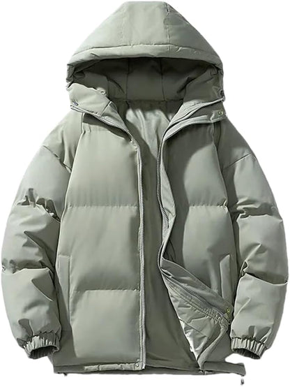 Sage green hooded puffer parka, front view