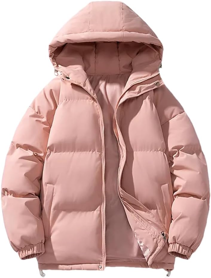 Pink hooded puffer parka, front view