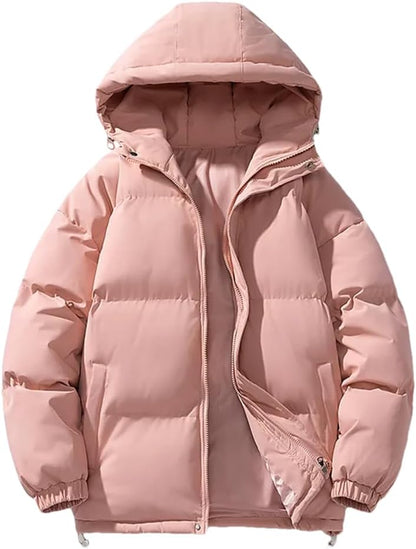 Pink hooded puffer parka, front view