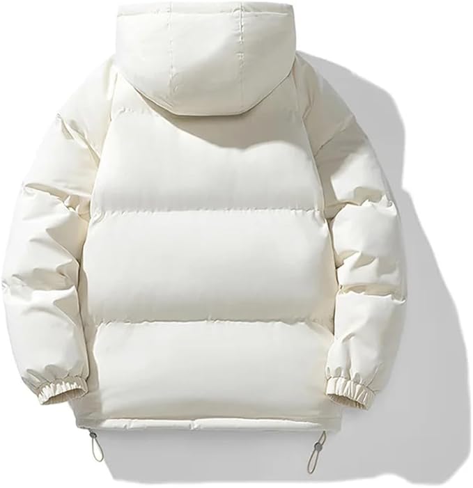 White hooded puffer parka, back view