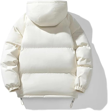 White hooded puffer parka, back view