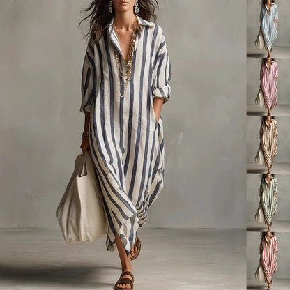 Women's Striped Split-Collar Long Shirt Dress
