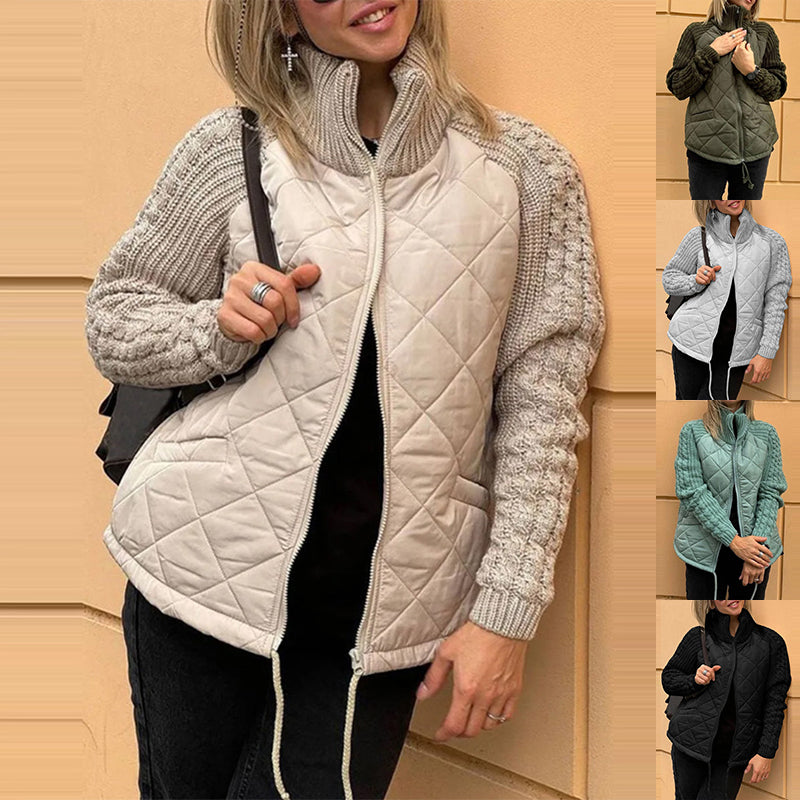 Women's Padded Stand-Collar Zip Jacket with Knit Panels